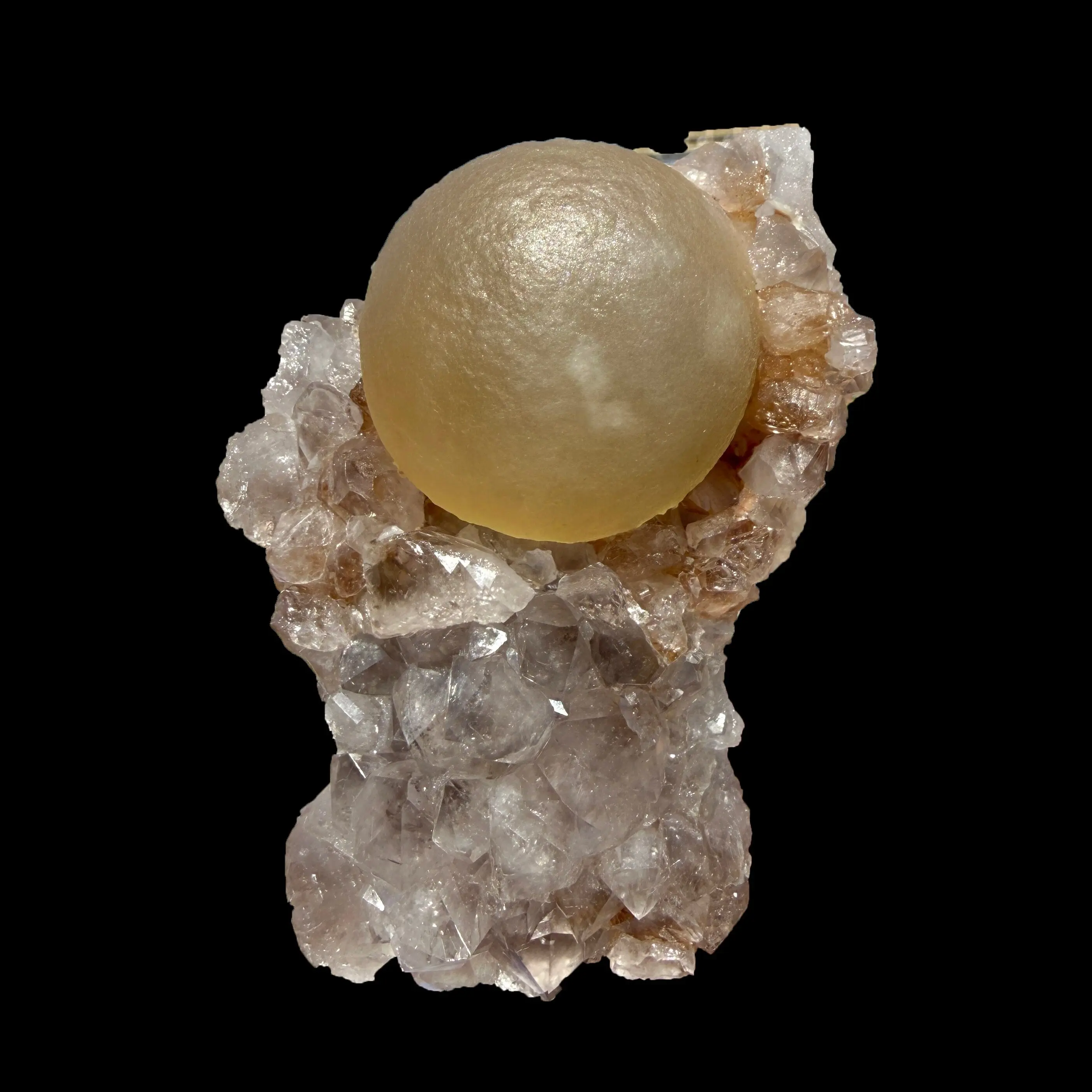 Rare Botryoidal Yellow Fluorite Ball on Amethyst Quartz Cluster – Natural Mineral Specimen from Madhya Pradesh # DKT93