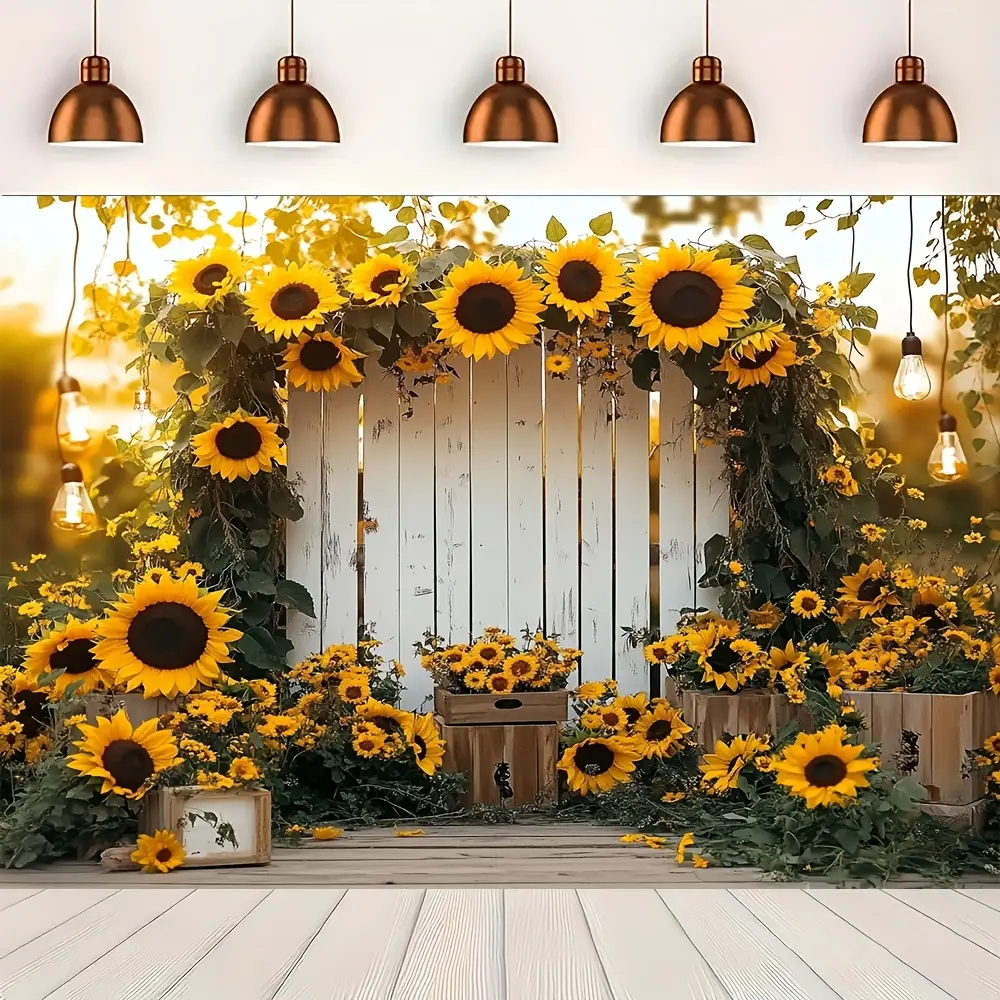 1PC Polyester 2D Flat Sunflower Photography Backdrop - Rustic Wooden Fence with Sunflower Clusters Banner, Reusable Home & Birthday Party Decoration, Children's Photo Prop