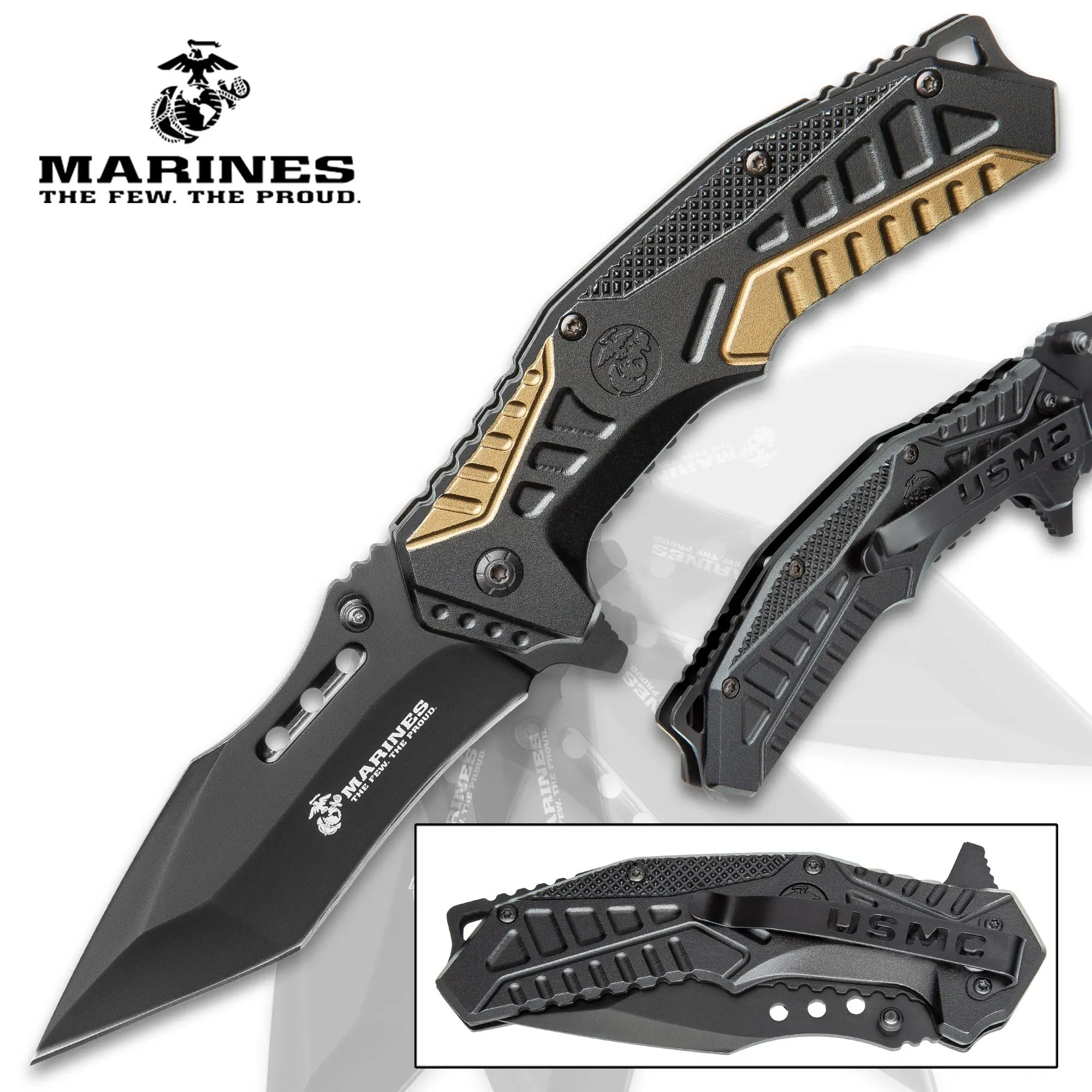 USMC Amphibious Assault Assisted Opening Knife - Officially Licensed, Stainless Steel Blade, Non-Reflective Finish, Lanyard Hole, Pocket Knives, Battle-Ready