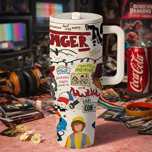 AuraCup 1pc 40oz Stranger Things Insulated Tumbler with Handle, Retro 80s Doodle, Graffiti Design Travel Mug, Stainless Steel Vacuum Coffee Cup, with lid and straw, Large Capacity Hot Cold Drink Cup for Office Car Camping, Gift for Birthday