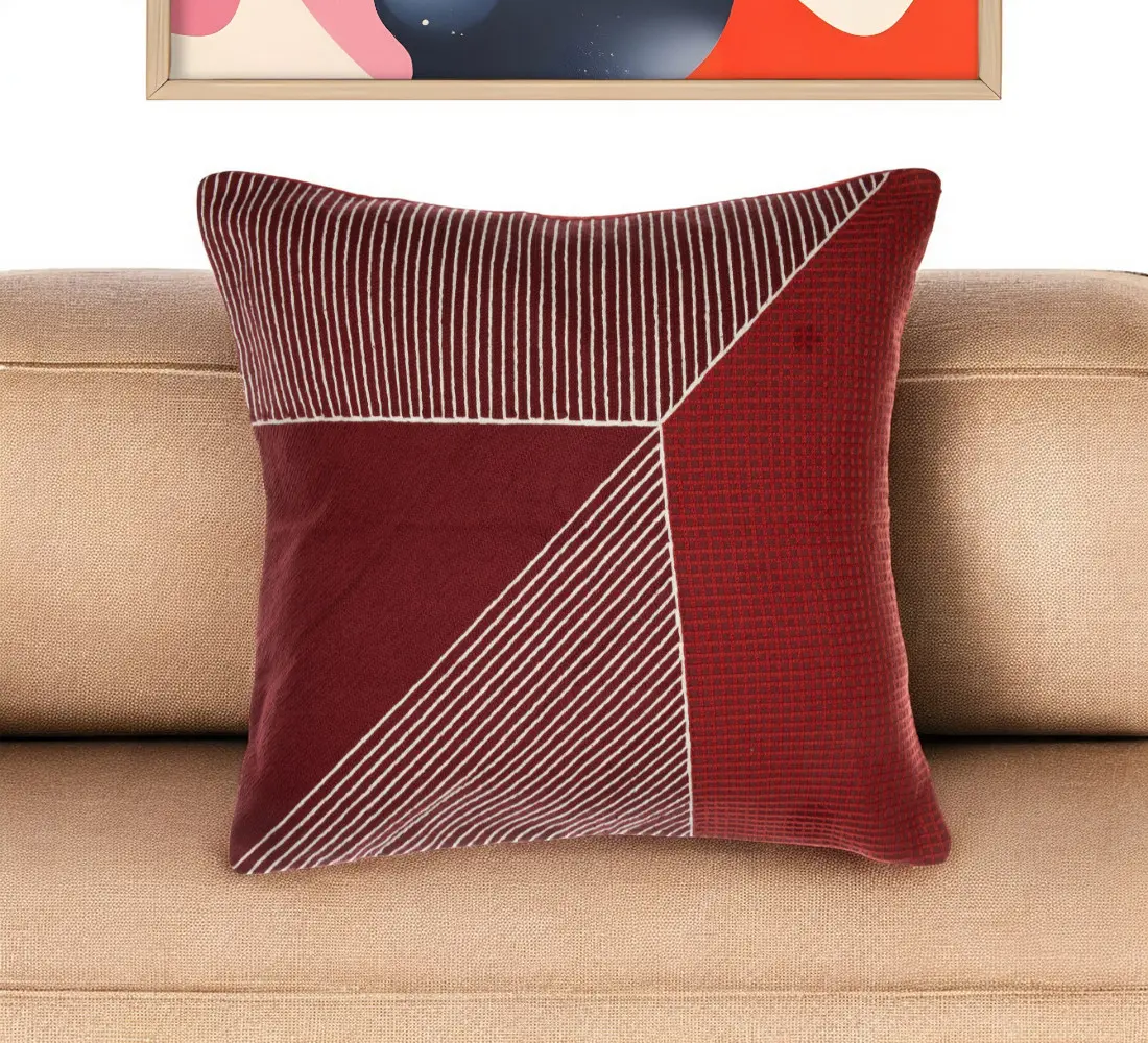 HomeRoots 549401 24 in. Red & White Geometric Cotton Throw Pillow with Embroidery - Filled, Embellished Cotton Cushion Cover, Cotton Cushion Covers, Embellished Cushion Covers