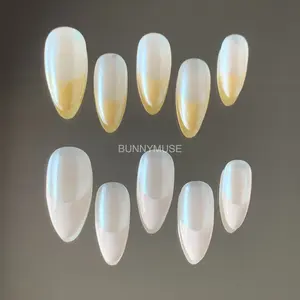 [BunnyMuse] Handmade Press on nails Pearl French Chrome | French tip Chrome Nails Madison Nails Beer Nails Pearly French Manicure Pearl Nails Almond Nails  Short Nails Medium Nail, clean girl nail, vanilla girl nail, chic nail, bubblebath, funny bunny