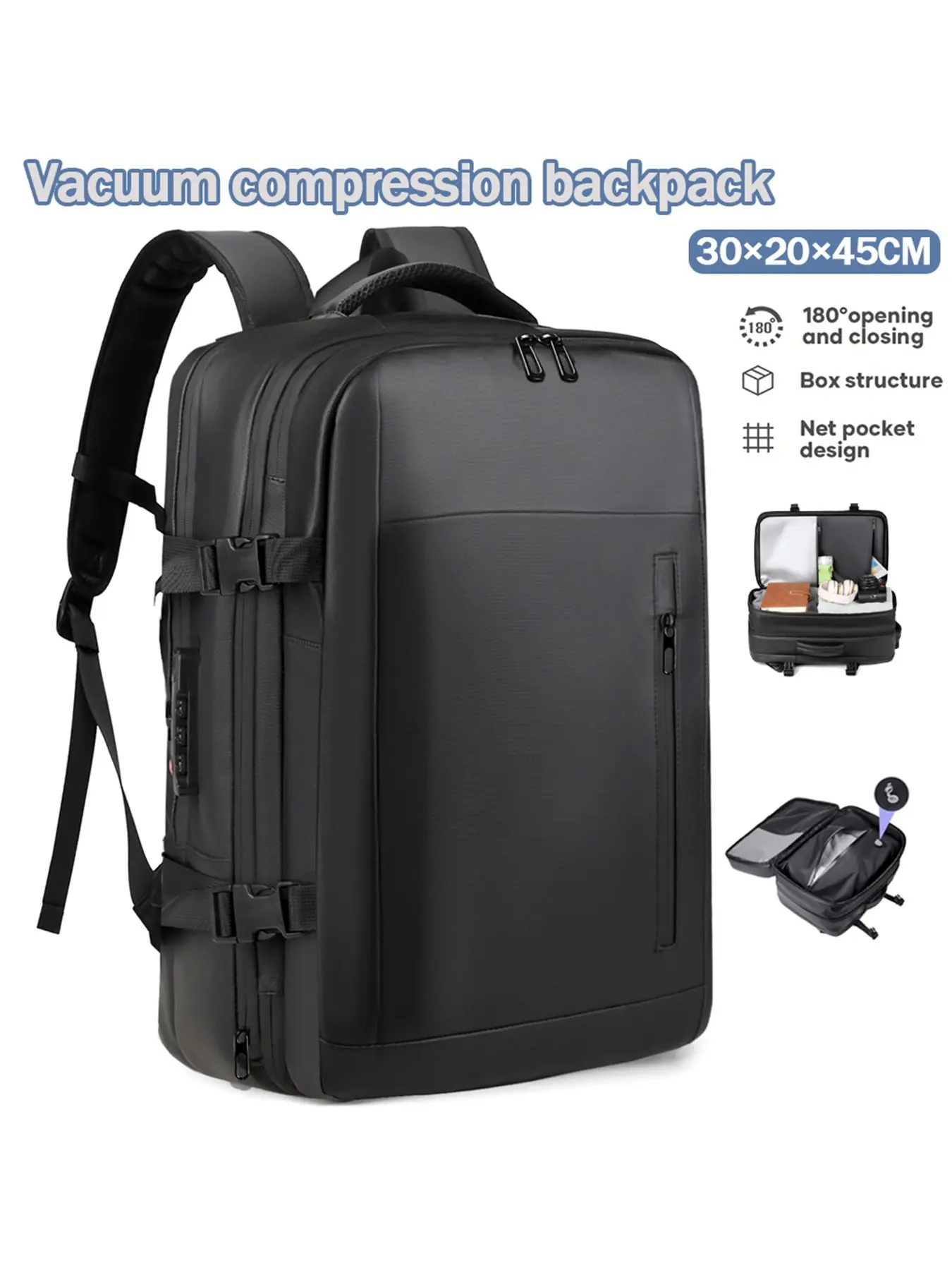 Vacuum Compressed Waterproof Travel Backpack, Expandable Laptop Bag with Password Lock, Large Capacity Business Computer Backpack for Men, Vacuum Compression Backpack