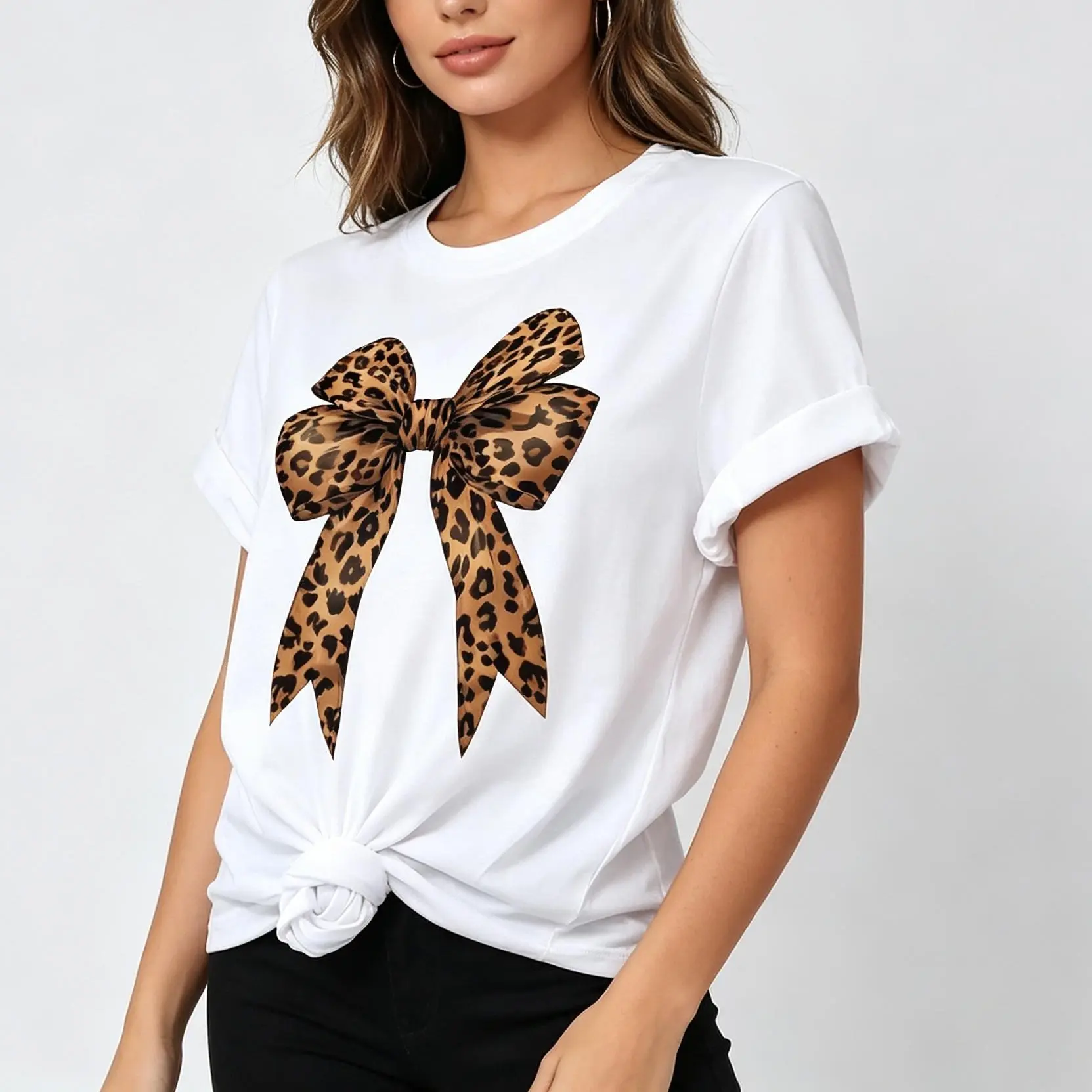 Cotton Short Sleeve  T-Shirt's Casual Leopard Print Bowknot T-Shirt - Short Sleeve,Soft & Comfortable Fabric,  Stylish Bow Design, Casual Wear |   Playful Graphic Tee |   Stylish Graphic Prin Top White Summer Crewneck Womenswear Collar