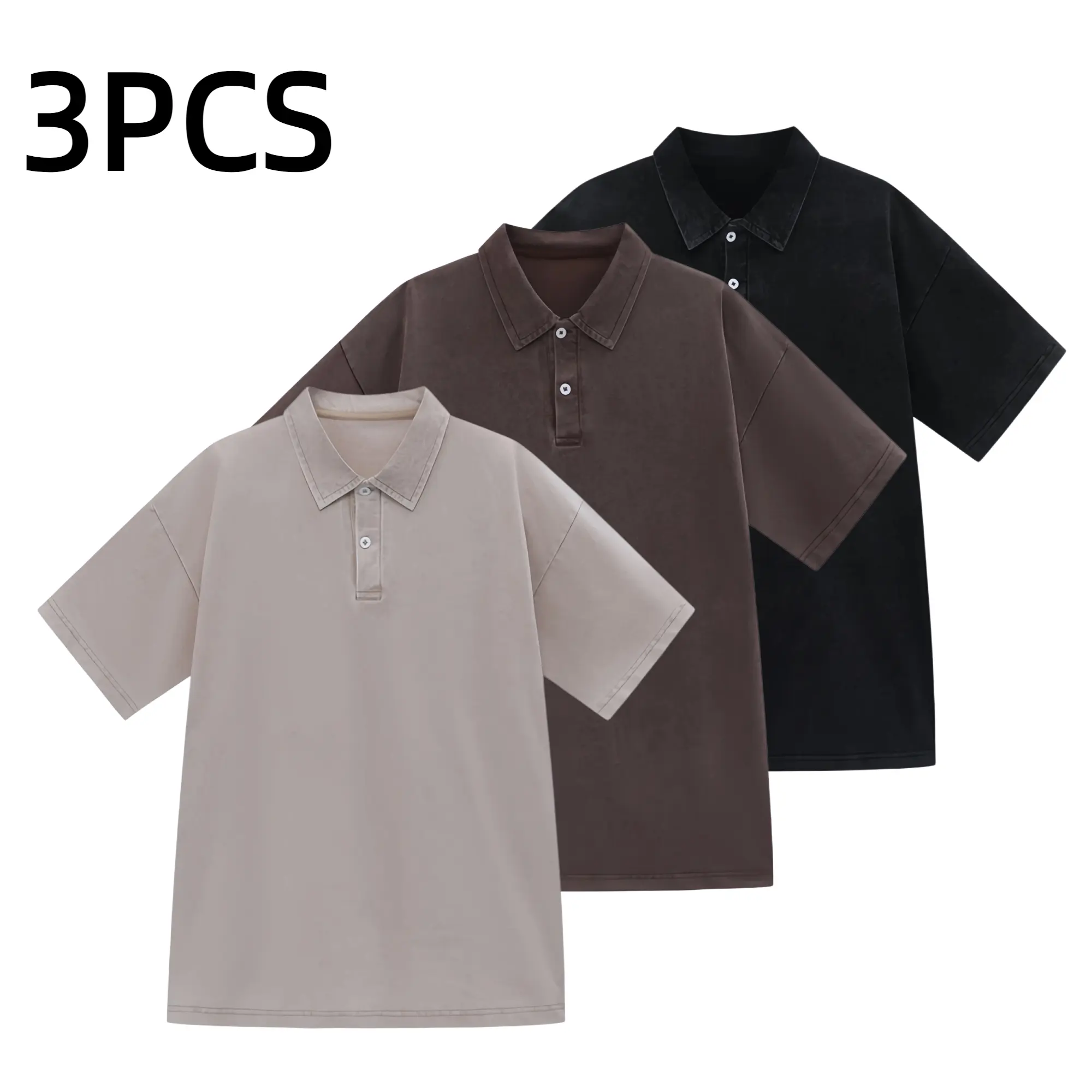 3-Pack Men’s Vintage Washed Golf Polo Shirts, Loose Fit Drop Shoulder Short Sleeve Cotton Tops, Retro Casual Streetwear for Travel and Daily Wear