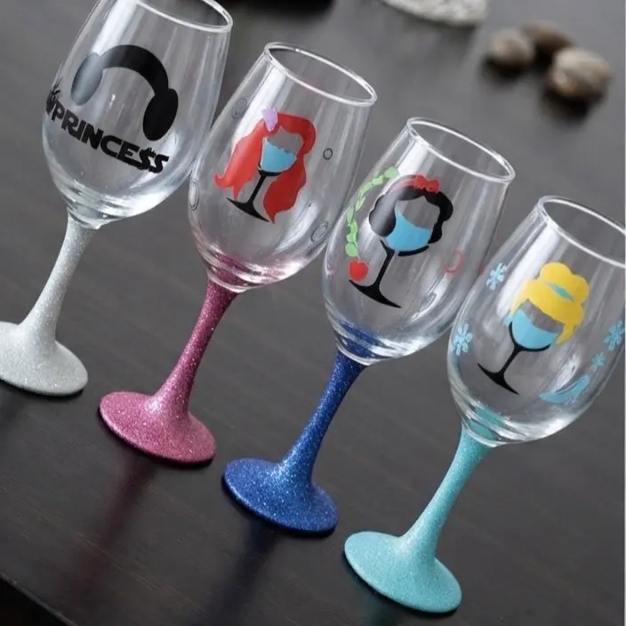 Stylish Customized Princess Wine Glasses with Glitter Stems, Kitchen Drinkware for Bridesmaid Gift, Mother's Day, Celebration, Birthdays