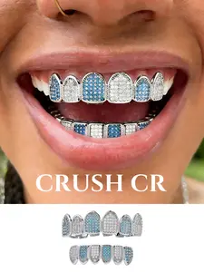 CRUSH CR Iced Out Blue White CZ Top Bottom Teeth Grillz Set for Men Women Hypoallergenic Removable Full Mouth Grillz, Perfect for Hip Hop Concerts Music Festivals Club Nights Urban Street Style Hip Hop Shows 90s Themed Parties Retro Streetwear Styling