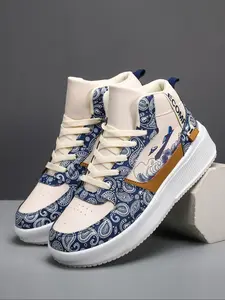 Men's Fashionable Denim-effect Print Lace Up High Top Sneakers, Casual Comfortable Sports Shoes for Daily Wear, Male All-match Round Toe Shoes for Daily Wear, Closed