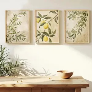 3 Pieces Yellow Lemon Tree Italian Kitchen Art Prints, Summer Fruit Wall Mural, Fresh Italian Home Art, Contemporary Gallery Decor, Bright Tone Painting, Wall Decor for Kitchen and Dining Room, Framed or Unframed.