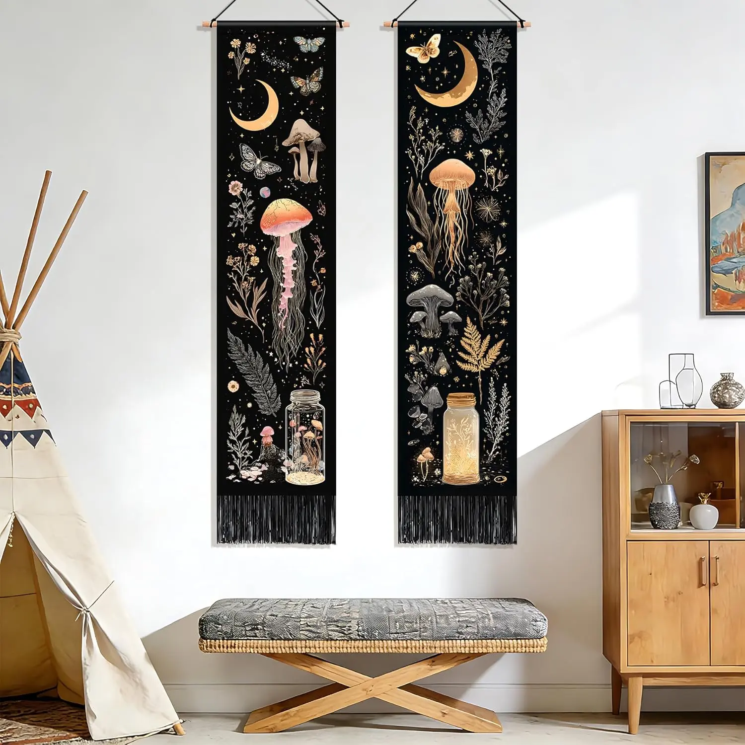 NYZE Vertical Tapestries with Tassels 13x51.1inch Aesthetic Long Vertical Tapestry Jellyfish Mushroom Wall Art for Bedroom, Living Room, Dorm Room, Home Wall Decoration