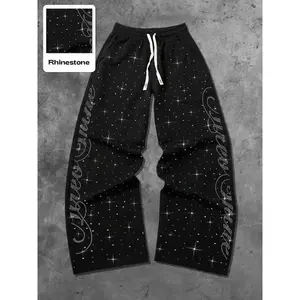 Men's Street Style Straight Leg Sweatpants, Design Sense American Fashion Rhinestone Embroidery, Unisex Casual Pants for Daily Wear