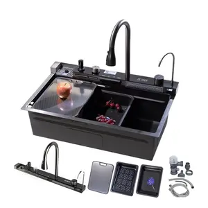 30 Inch Smart Workstation Kitchen Sink with Water-Powered Piano Key Control, Digital Display & 3-Mode Pull-Out Faucet, Honeycomb Coating, Cup Washer & US Garbage Disposal Compatible