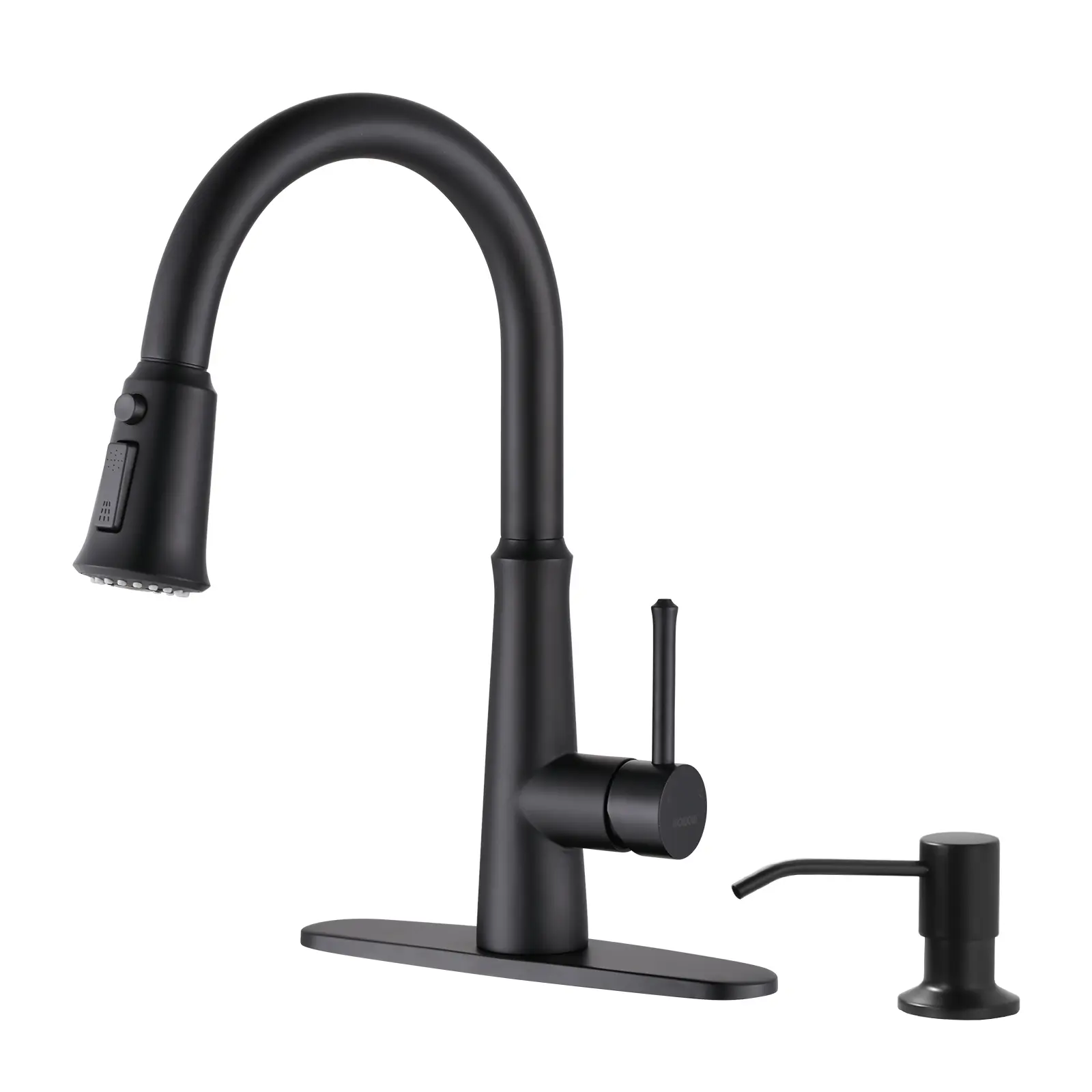 WOWOW Durable Steel Classic Rustic High-Arc Spout Black Single-Handle Pull-Down Pull-Out Kitchen Faucet with 3 Water Flows, 360 Rotation, Tap Aerator, Deck Plate Kit for 2 or 4 Hole Sinks, Residential Family Use, Nozzle