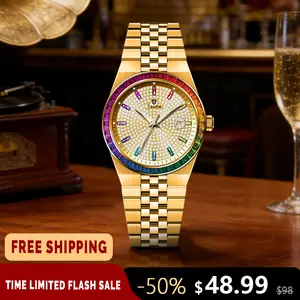 TINAIBIN Luxury Men's Diamond-Inlaid Quartz Watch with Rainbow Crystal Pattern, Includes Gift Box; This Classic Fashion Timepiece Is On Sale for a Limited Time - Don't Miss Out!