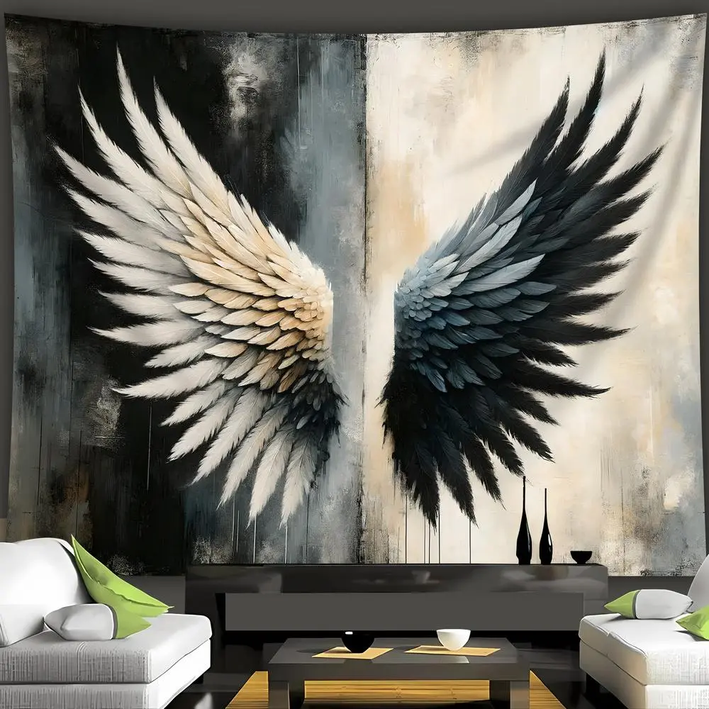 1pc Extra Large Printed Giant Tapestry - Black and White Double Evil Wings Landscape Digital Print Polyester Aesthetic Wall Cloth, Wall Decoration, Living Room Birthday Decor Backdrop Banner