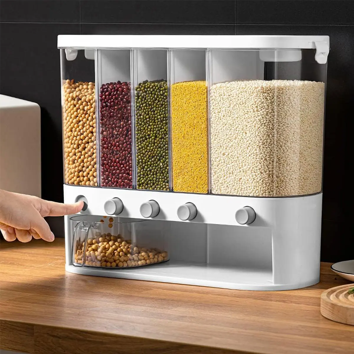 Conworld Wall-Mounted 5-Grid Transparent Lightweight PP Airtight Grain Dispenser with Lid, 25-lb Kitchen Food Storage Container with Measuring Cup for Rice, Beans