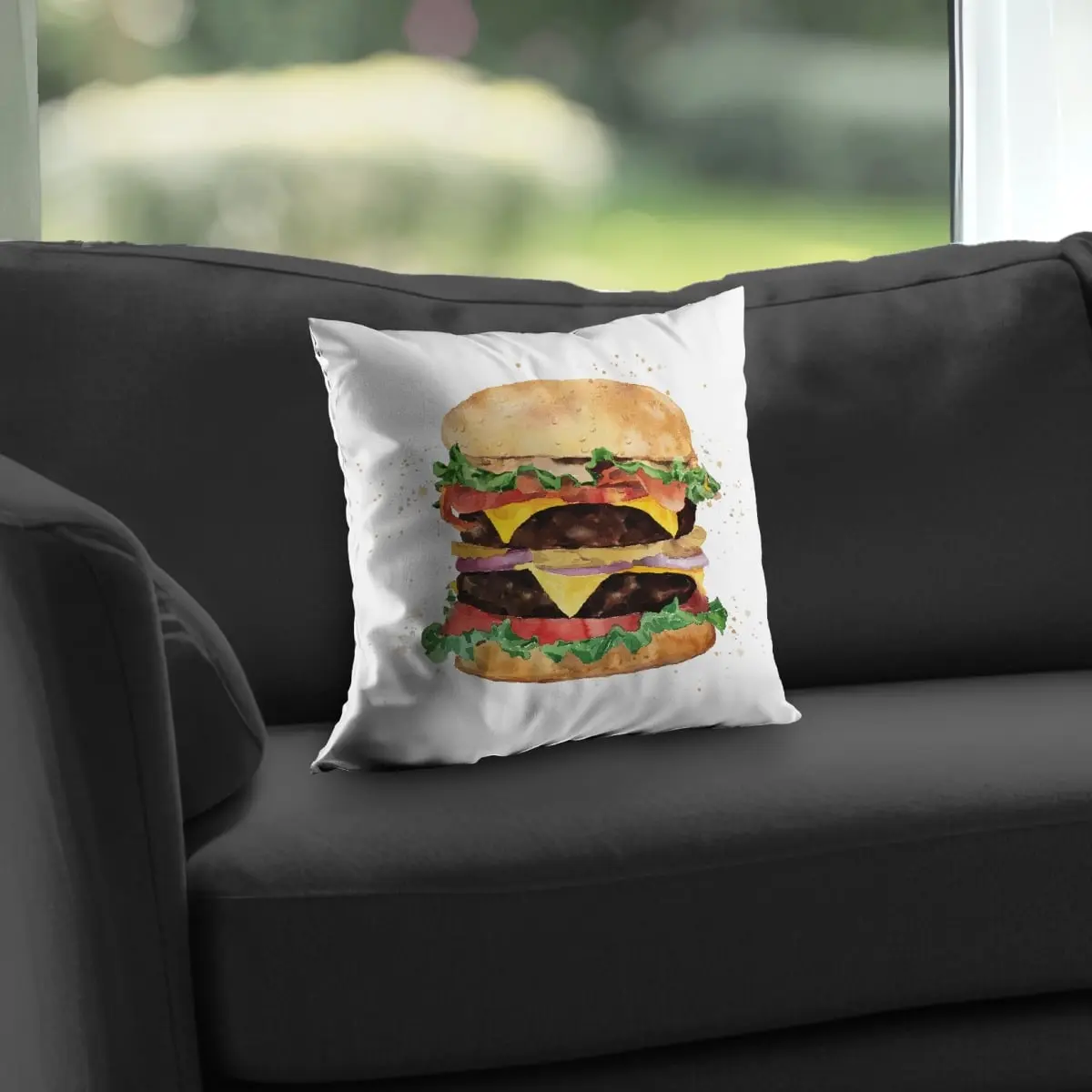 Begin Home Decor C1PT141401SIO9 14 x 14 in. Watercolor All Dressed Double Cheeseburger Throw Pillow - Home Decor