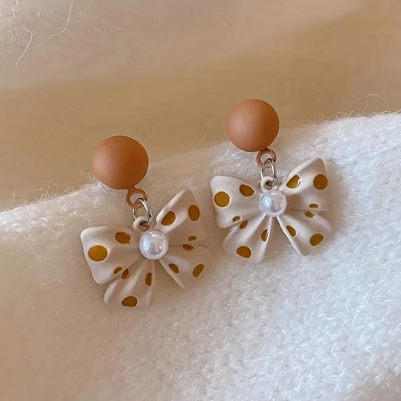 1Pair Elegant Polka Dot Faux Pearl Bow Drop Earrings for Women - Chic Zinc Alloy with Stainless Steel Posts, Ideal for Daily Wear & Parties