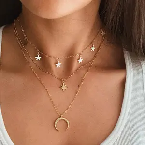 3Pcs Moon Star Layered Necklace Set | 18K Gold Titanium Steel - Perfect for Dainty Daily Wear & Gifts