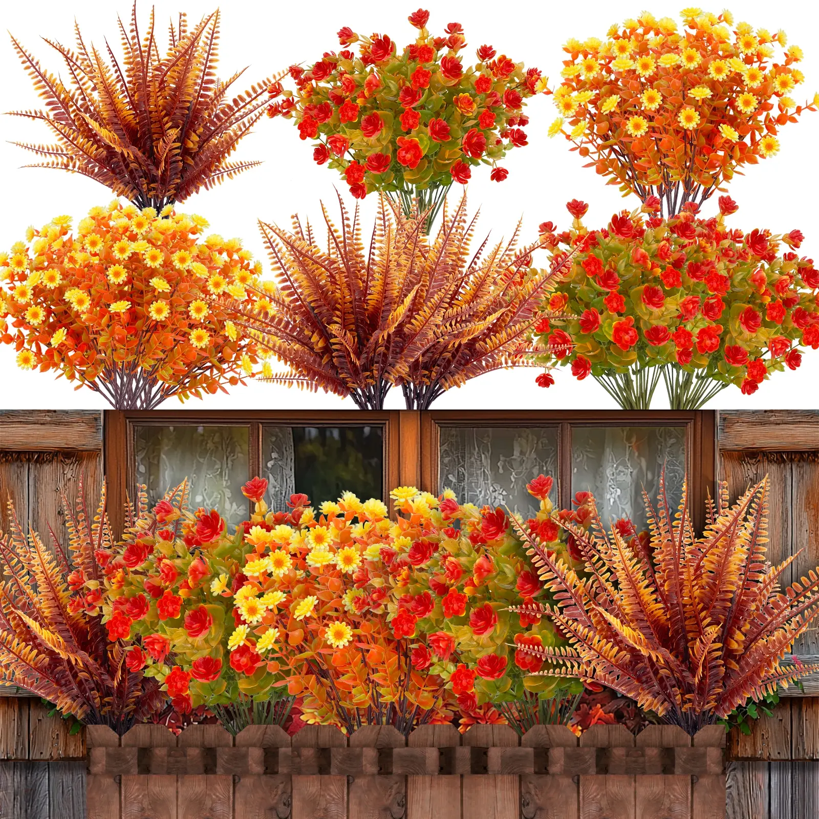 20 Bundles Artificial Fall Flowers for Outdoors Fall Decorations - UV Resistant Fake Mums Faux Fall Plants Plastic Flowers for Garden Porch Fireplace Patio Home Indoor Autumn Fall Thanksgiving Decor