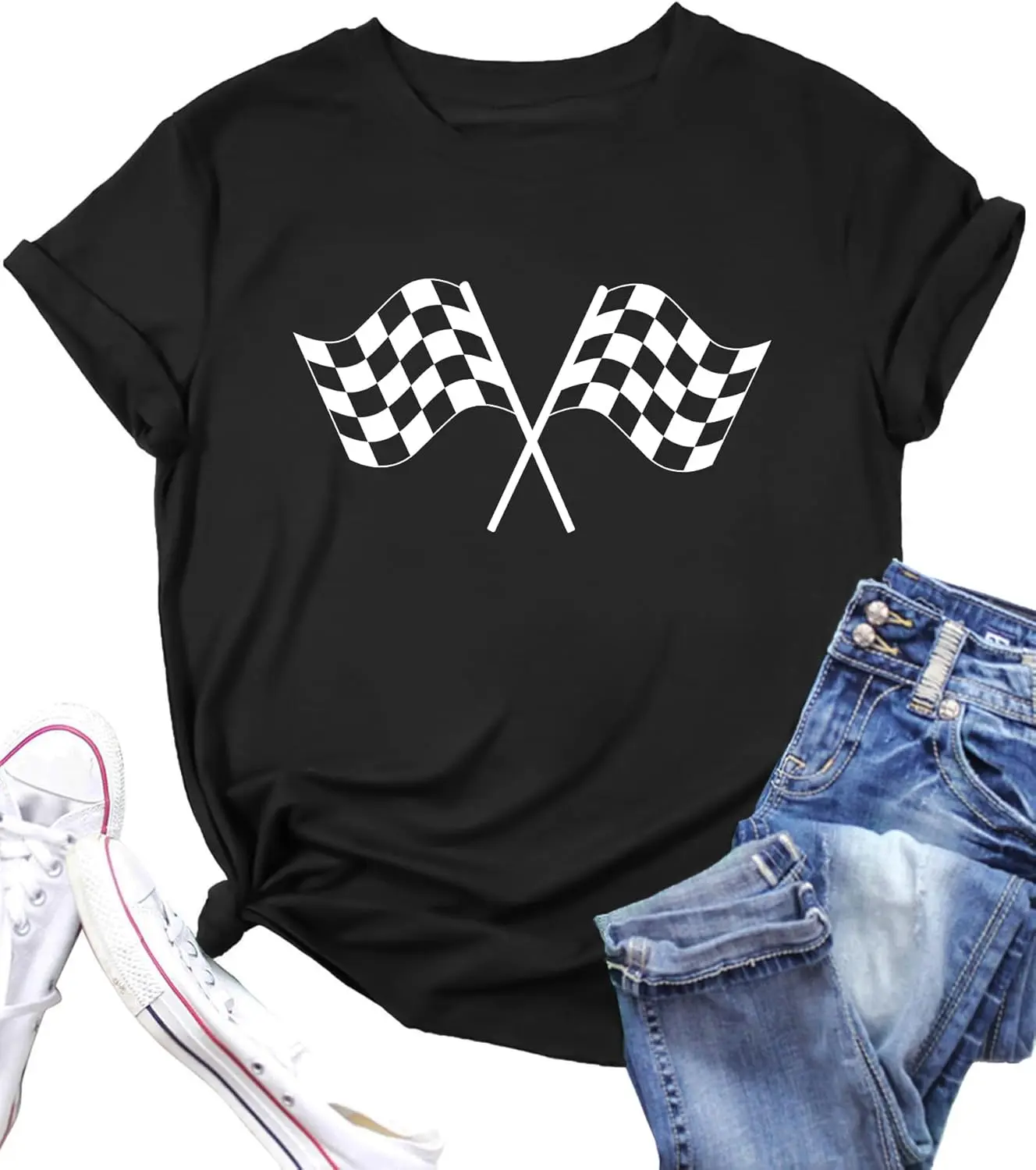 Cotton(pure) Racing Shirt for Women Checkered Flag Graphic car Shirts Race Lover Shirt Raceday Casual Short Sleeve Tee Tops