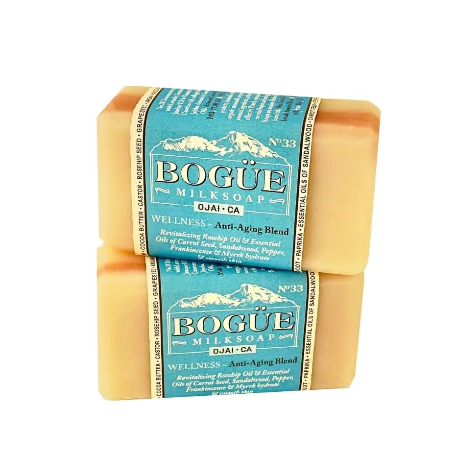 Handmade Goat Milk Soap set of two 5oz bars BOGUE Wellness No.33 Anti-Aging Blend with Revitalizing Rosehip Oil & Essential Oils of Carrot Seed, Sandalwood, Pepper, Frankincense & Myrrh hydrate & smooth skin