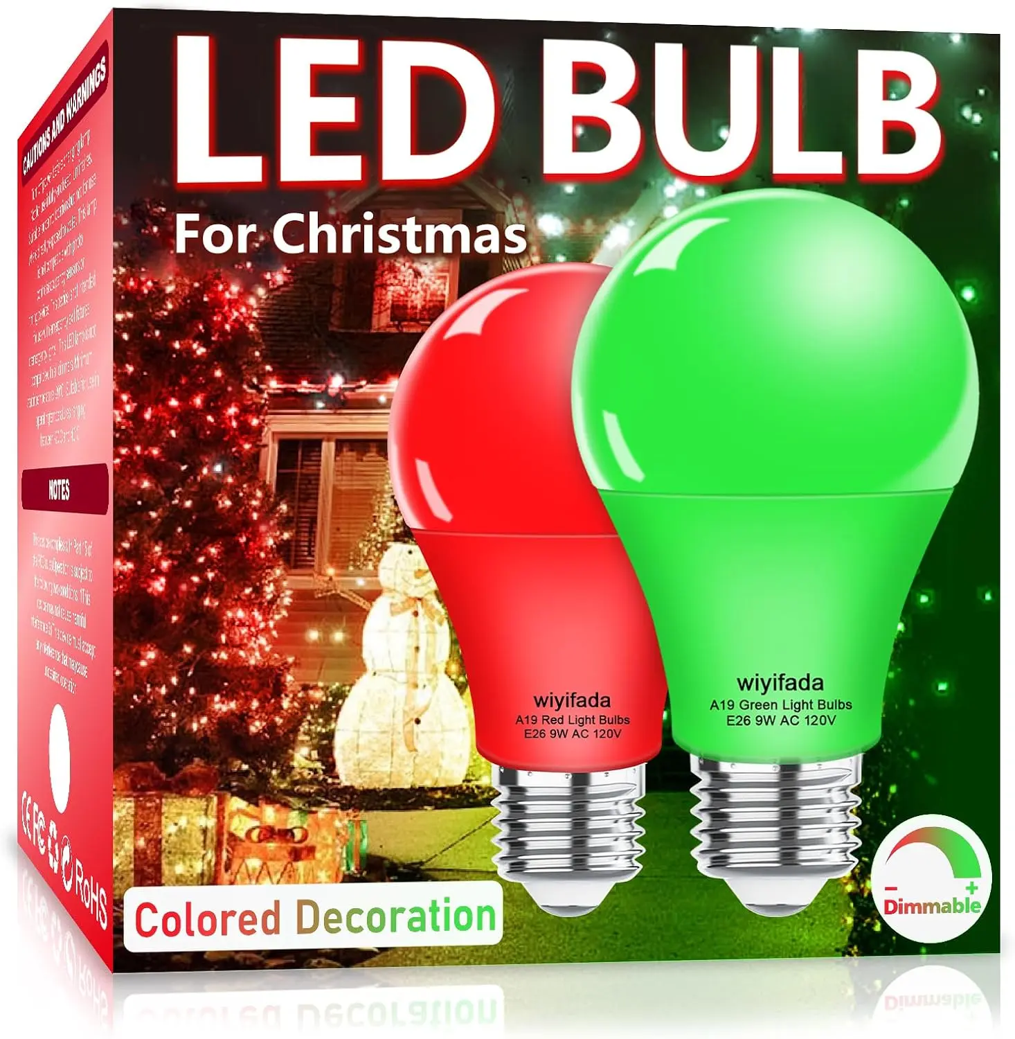 2 Pack A19 LED Red Green Light Bulbs,9W Christmas Light Bulbs Replace to 100W, 120V E26 Dimmable Colored Light Bulb for Halloween, Home Lighting, Party Decoration, Holiday Lighting