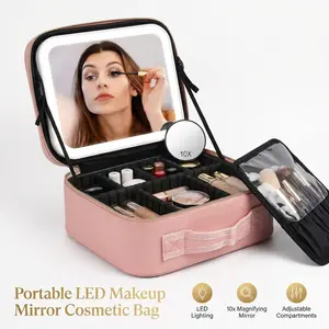 Crossbody Travel Cosmetic Bag with LED Illuminated Mirror, Waterproof Makeup Train Case & Portable Cosmetic Organizer with Adjustable Dividers, Travel Makeup Storage Bag for Brushes & Cosmetics