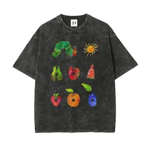 Vintage Washed Hungry Caterpillar Graphic Tee - Women's Summer Short Sleeve T-Shirt, Aesthetic Retro Book Lover Top, Oversized Casual Cotton Tee