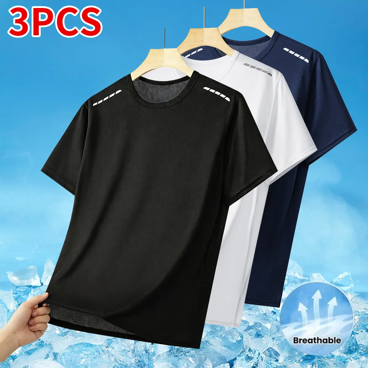 3-Piece men's quick-drying sports T-shirt - breathable and sweat-absorbing round neck short sleeves, multi-color optional, reflective strip design, suitable for gym and summer activities, fitness top Gym Outfit Tee Gym Tees