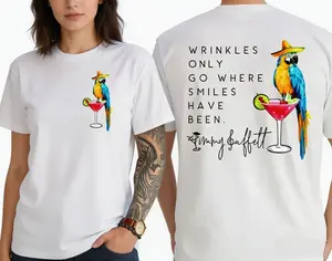 Wrinkles Only Go Where Smiles Have Been T-Shirt, Palm Tree Jimmy Buffett Memorial Both Sides, Jimmy Buffett Shirt, Graphic Tee, Full Size, Full Color