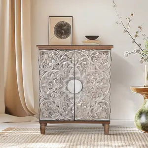 Phivilla Silver Embossed Accent Cabinet with Doors, Distressed Decorative Storage Cabinet with Wood Frame and Silver Embossed Pattern for Entryway Living Room