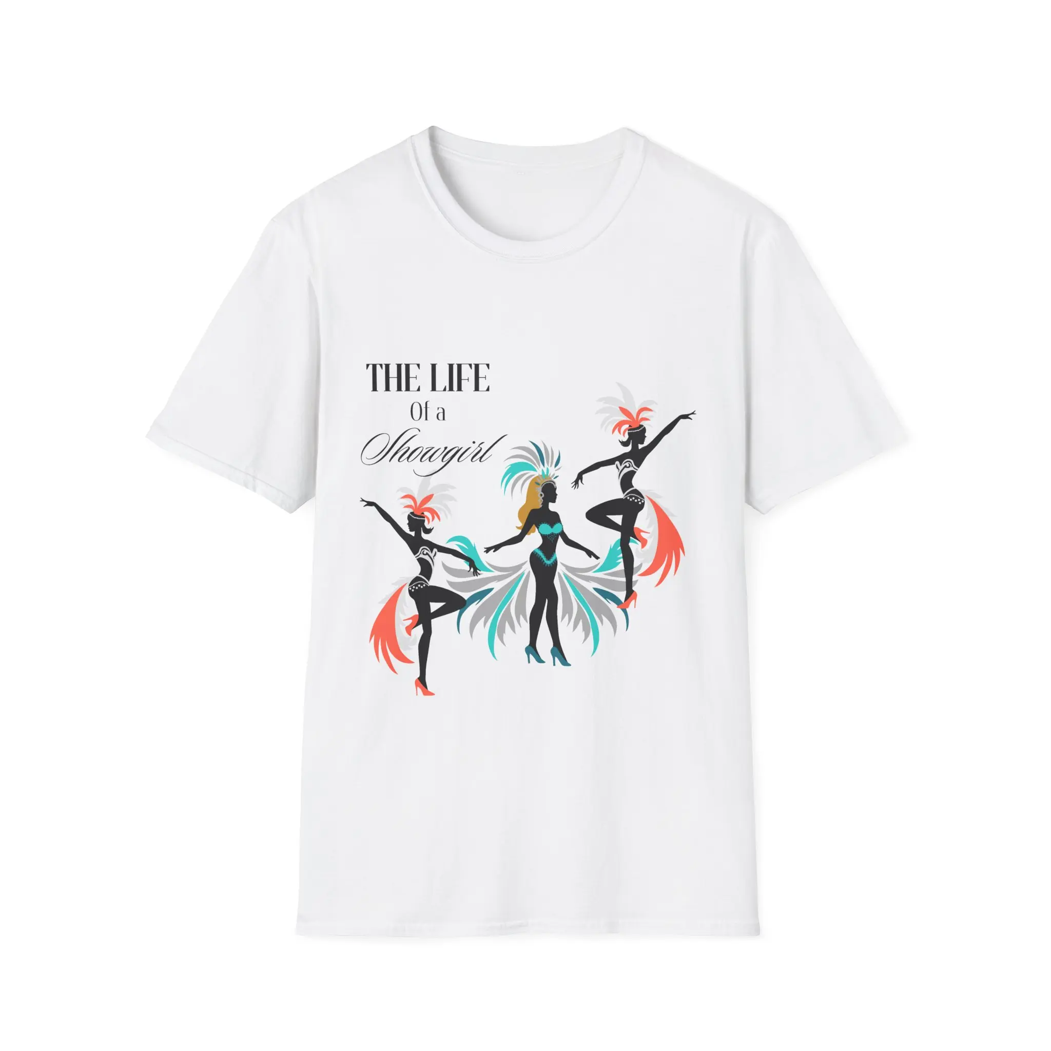 Crew‑neck short‑sleeve top fitted with feather‑adorned dancing showgirl silhouettes and elegant text print, carnival dance‑themed unisex casual everyday‑wear