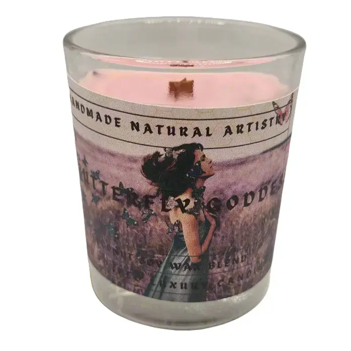 Butterfly Goddess Pink Sugar & Pomegranate Scented Candle 6 oz Wood Wick Aroma Decor Freshener Ornaments Perfume Handcrafted Handpoured Natural Artisan
