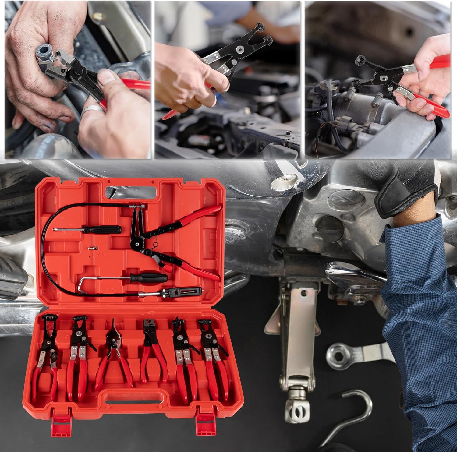 9PCS Hose Clamp Pliers Set Hose Clamp Removal Tool for Automotive Coolant Radiator Heater with Flexible Wire Long Reach Hose Clamp and Flat Band Pliers