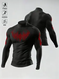 Men's Long Sleeve Workout Shirt, High Neck Design, Ideal for Gym Running Cycling, with Print, Quick-Dry Breathable Fabric, Athletic Compression Shirts