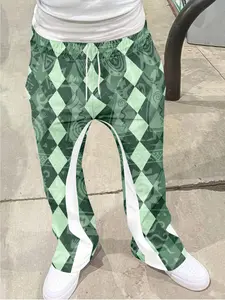 Vintage Men's Y2K Geometric Print Bell Bottom Pants, Hip-Hop Drawstring Sportswear, Workout Pants, Soft Breathable Fabric, Casual All-Season Fashion