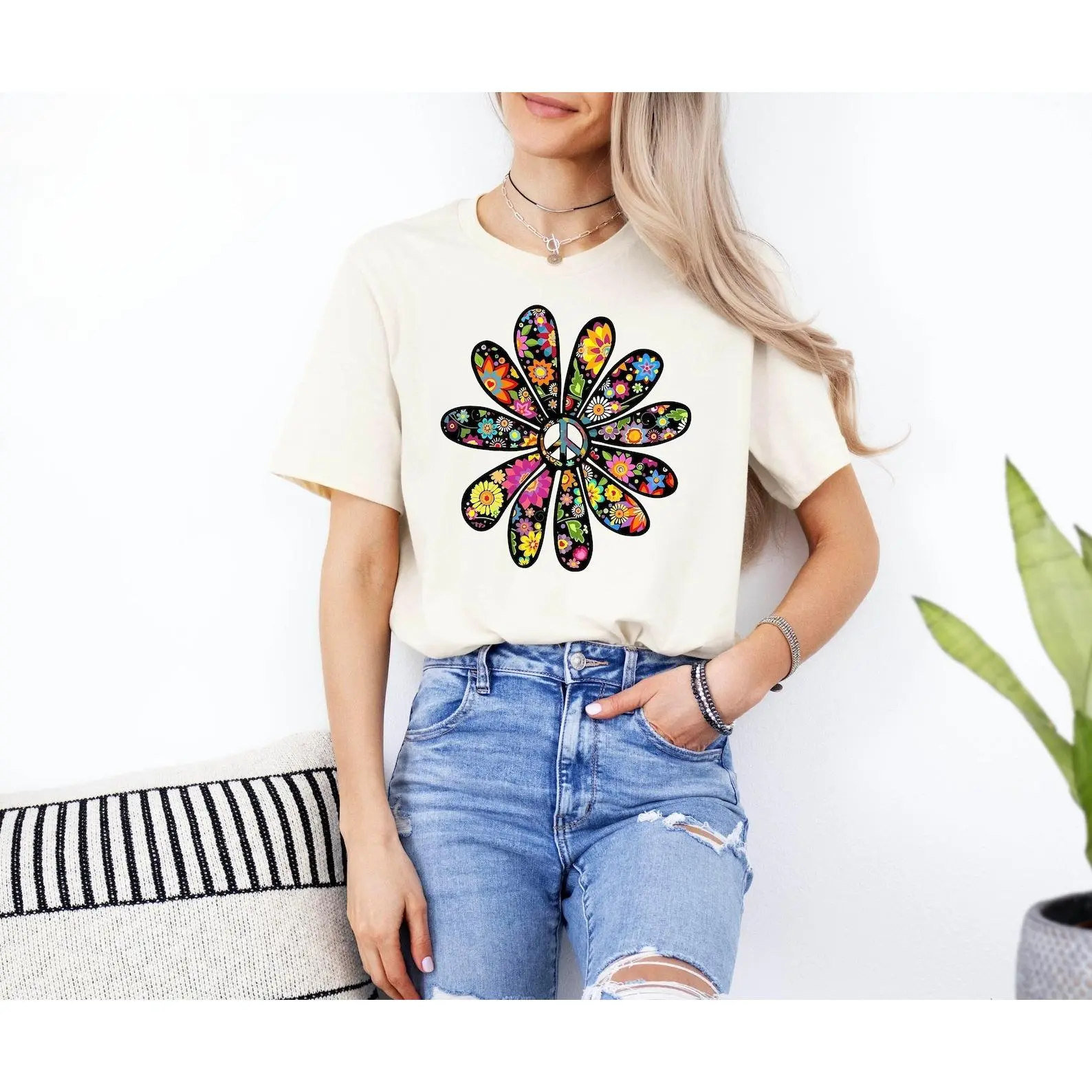 Retro Groovy Peace Sign Daisy Sports T-Shirt - Lightweight Polyester Denim Style, Matching Hippie Soul Festival Outfit Gift for Baby, Shortsleeve