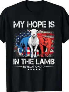 My Hope Is in The Lamb Elephant Donkey USA Funny Scripture T-Shirt |   Same Style for Men And Women  Summer Short-Sleeved Printed Pure 220G Crew Neck Regular Fit All-Season