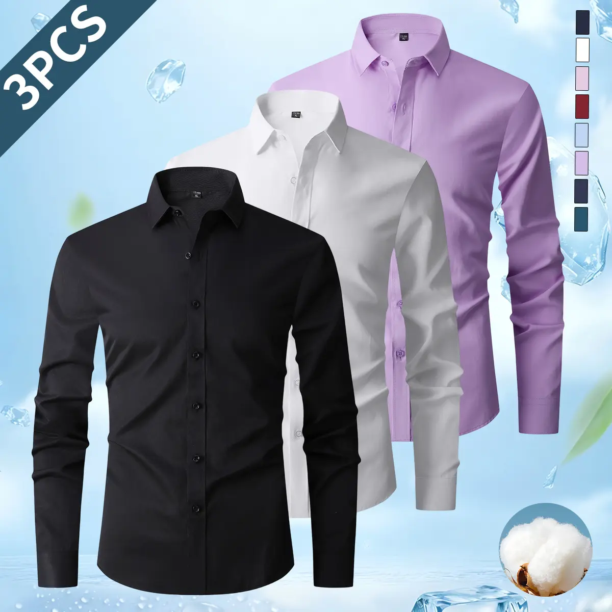 Pack of 3 men’s business casual shirts: simple solid-color long-sleeve button-up tops with a classic lapel collar and regular fit; suitable for office or everyday casual wear; men’s clothing, men’s tops.