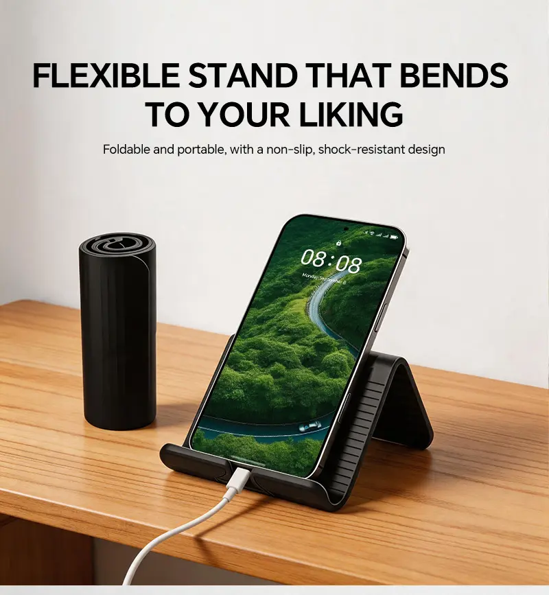 Flexible Deformable Orange Silicone Phone Holder Foldable Pocket Size Desk Stand Anti-slip Design For Watching Video Gaming Facetime