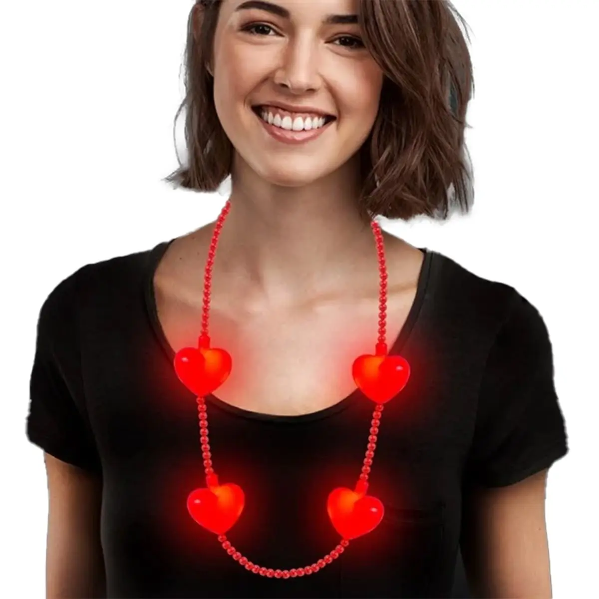 212 MAIN 2-Size Light-Up Chain Link Beaded Necklace (Pack of 24) - 4 Red Heart Charms, LED Lights, AG13 Battery-Powered, 34-Inch Festive Party Bag Gift Accessory for Parties