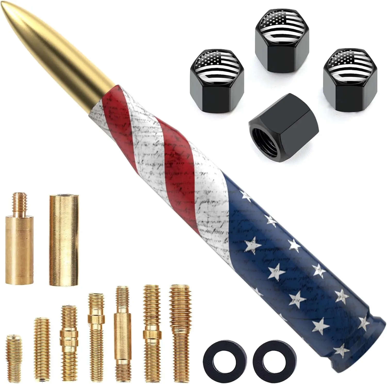 Gold American Flag Short Car Truck Antenna with Valve Stem Caps - Universal Vehicle Accessories for Ford F150/F250/F350 Super Duty Raptor, Dodge RAM, GM Chevy Silverado 1500/2500/3500, Mazda Miata, Harley Motorcycle, Us, Auto Parts Accessories