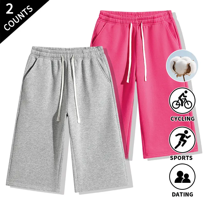 Men’s 2-Pack Three-Quarter Length Sweat Shorts, Drawstring Elastic Waistband, Loose Fit, Casual Athletic Lounge Training Shorts