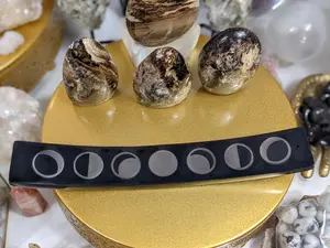 Goddess Moon Phases Polished Black Soapstone Incense Burner w/ Silver Inlay Altar Tool Incense Holder 10" Charging Plate Natural Stone