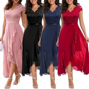 2025 Elegant V-neck Floral Lace Women's Bridesmaid Dress, Short Sleeves, Ruffle Hem, Perfect for Formal Evenings, Weddings, Parties Womenswear Comfort