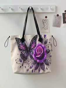 Butterfly Pattern 2D Printed Drawstring Tote Bag, Large Capacity Shopping Bag, Durable and Wear-Resistant, Ideal for Work, Shopping, Picnic