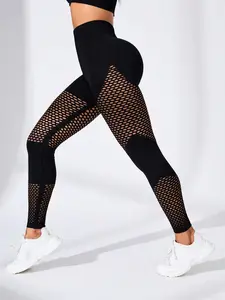 Women's Fishnet Cut Out Yoga Pants, Stretchy High Waist, Elastic Waist Leggings, High Waisted Butt Lifting Tight Knit Seamless Workout Leggings, Breathable Fitness Leggings, Casual All Season Wear