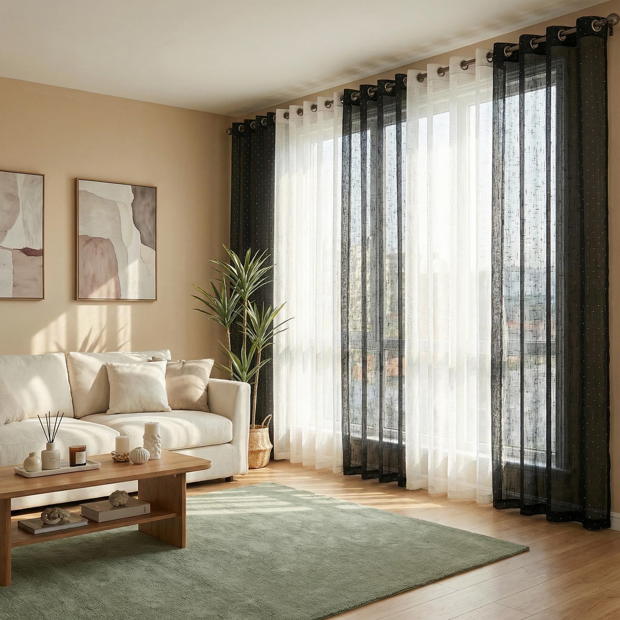Curtain Club 8 Panels 34X84 Inch Diamond Beaded Twill + Full-Length Chiffon Curtain Set. Each style contains 4 pieces. All are plain chiffon fabric, translucent, with iron rings, woven, rod type, FT2930 + L12