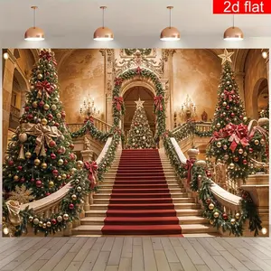 1pc 2D Flat Polyester Christmas Backdrop Banner with Red Carpet and Tree Design - Durable Bright Photography Background for Holiday Winter New Year Decor - Versatile for Entryway Room Carnival Event